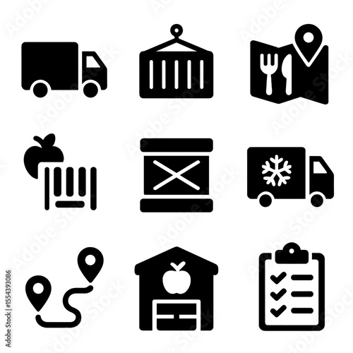 Food Logistics Icons. Solid, filled icons set of food supply chain logistics: delivery truck, shipping