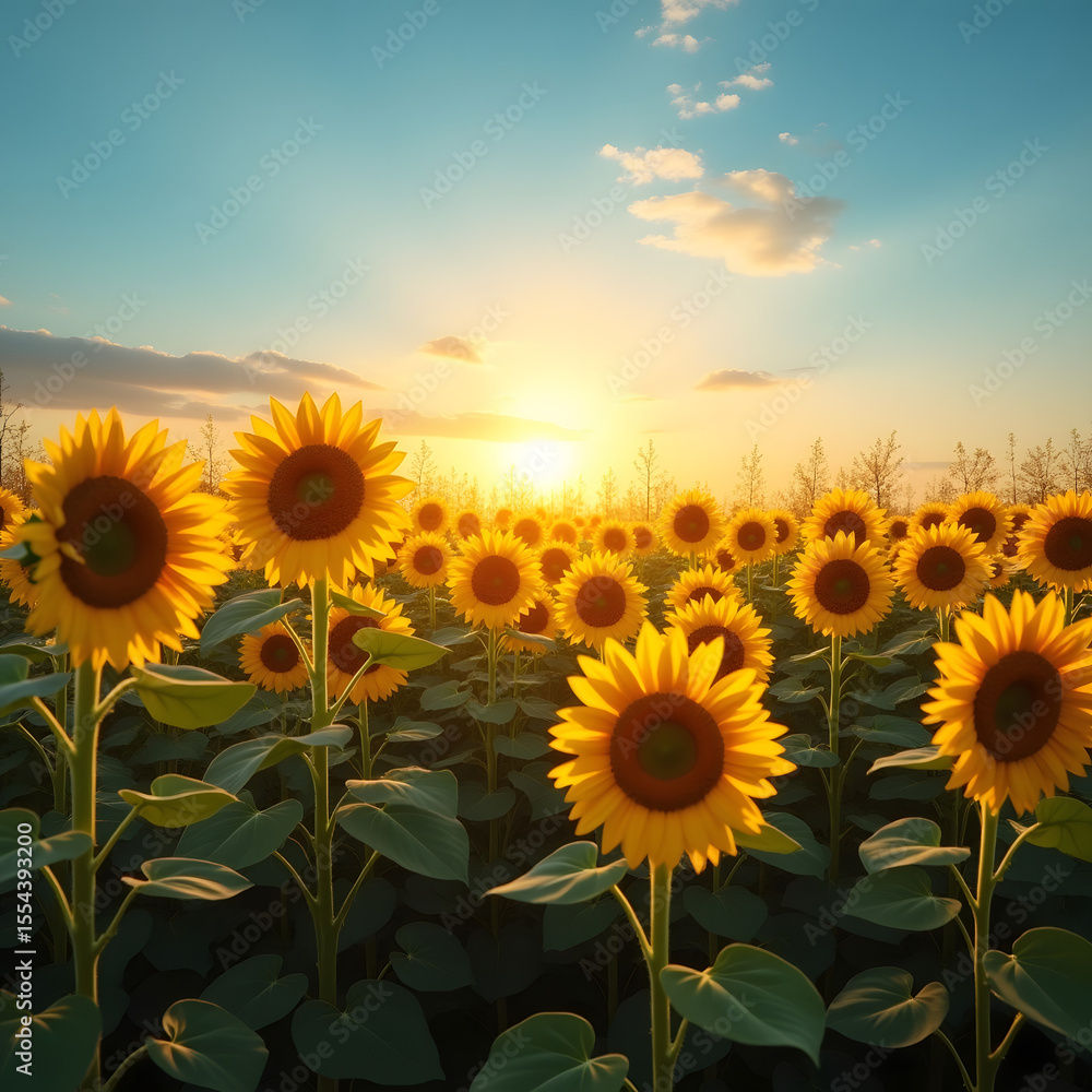 Fototapeta premium sunflower field at sunset-Yellow Sunflowers in Field During Golden Light - Summer Landscape.png