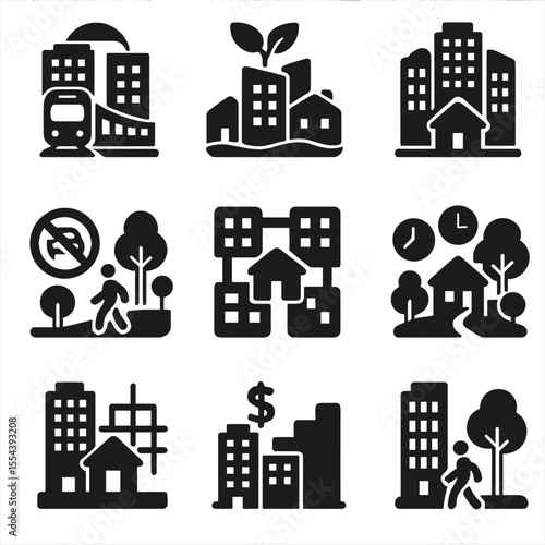 Future Urban Design Icons. Solid, filled icons set of future urban development models: transit-oriented hub,