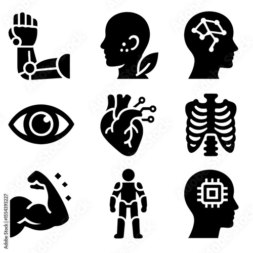 Futuristic Human Icons. Solid, filled icons set of futuristic human forms: bionic arm, synthetic skin, neural