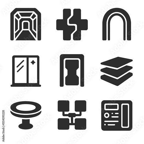 Futuristic Habitat Icons. Solid, filled icons set of habitat architecture and design: space corridor, modular