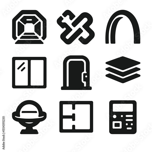 Futuristic Habitat Icons. Solid, filled icons set of habitat architecture and design: space corridor, modular