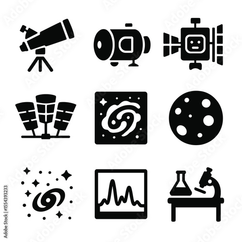 Futuristic Space Exploration Icons. Solid, filled icons set of next-generation space exploration: futuristic