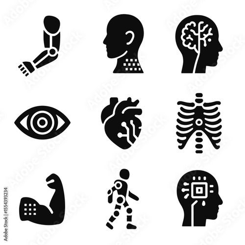Futuristic Human Icons. Solid, filled icons set of futuristic human forms: bionic arm, synthetic skin, neural