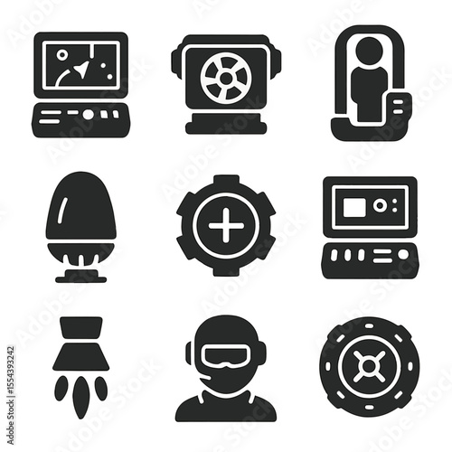 Futuristic Spacecraft Icons. Solid, filled icons set of futuristic spacecraft systems: navigation console,