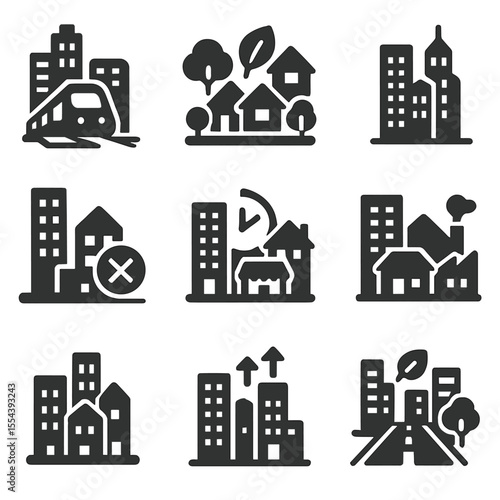 Future Urban Design Icons. Solid, filled icons set of future urban development models: transit-oriented hub,