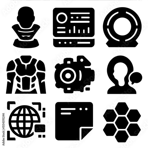 Futuristic Tech Icons Grid. Solid, filled icons set of futuristic tech: hologram render, sci-fi interface,