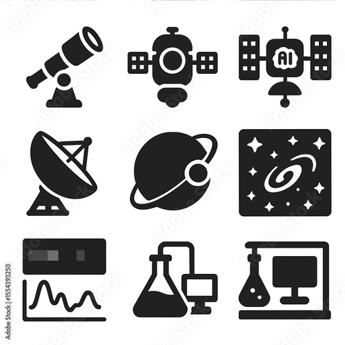 Futuristic Space Exploration Icons. Solid, filled icons set of next-generation space exploration: futuristic