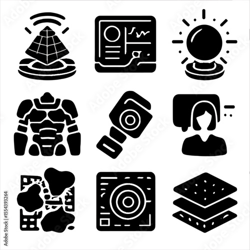 Futuristic Tech Icons Grid. Solid, filled icons set of futuristic tech: hologram render, sci-fi interface,