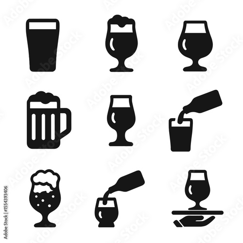 Glassware Icon Collection. Solid, filled icons set of glassware and serving styles: pint glass, tulip glass,