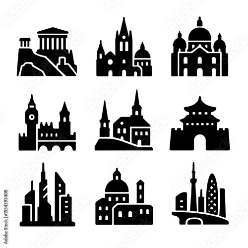Global Cityscape Icons. Solid, filled icons set of historical cityscapes: ancient Athens, medieval Paris,