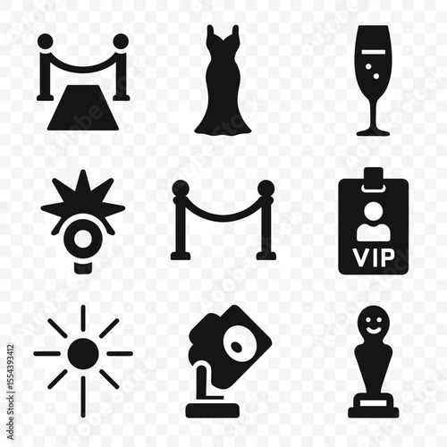 Glamorous Event Icons. Solid, filled icons set of red carpet and gala events: red carpet, glamorous dress,