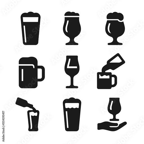 Glassware Icon Collection. Solid, filled icons set of glassware and serving styles: pint glass, tulip glass,
