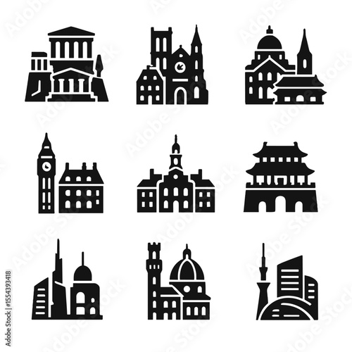 Global Cityscape Icons. Solid, filled icons set of historical cityscapes: ancient Athens, medieval Paris,