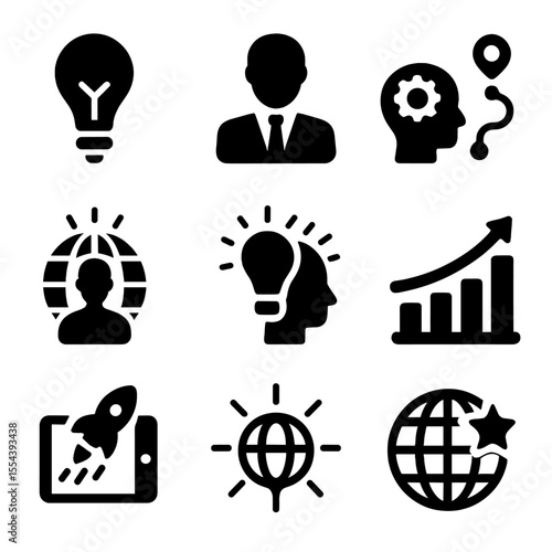 Global Entrepreneurship Icons. Solid, filled icons set of global entrepreneurship and leadership: lightbulb