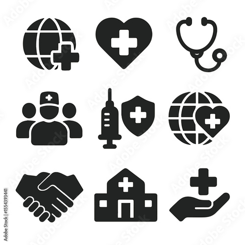 Global Health Icons. Solid, filled icons set of global health initiatives: medical globe, health icon,