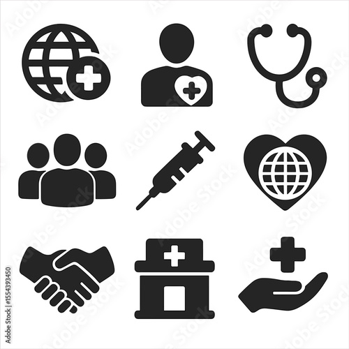 Global Health Icons. Solid, filled icons set of global health initiatives: medical globe, health icon,