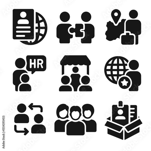 Global HR Icons. Solid, filled icons set of international HR practices: global resume, cultural fit, hiring