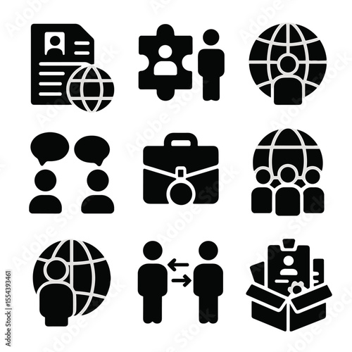 Global HR Icons. Solid, filled icons set of international HR practices: global resume, cultural fit, hiring