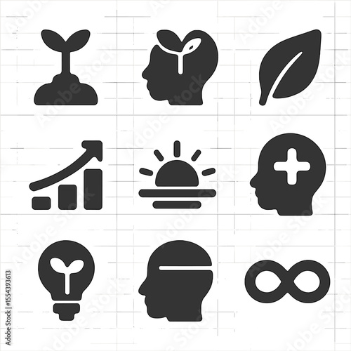 Growth Mindset Icons. Solid, filled icons set of growth mindset: growing plant, mind icon, green leaf, steady