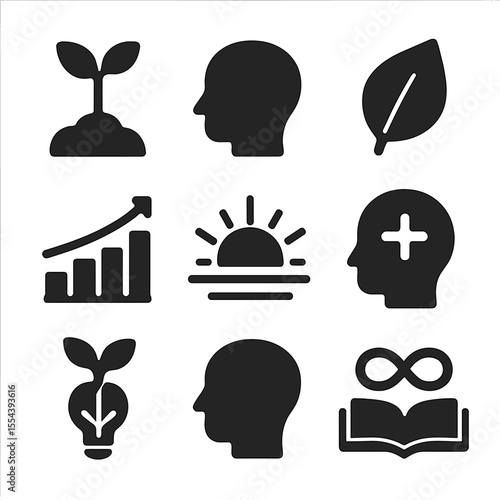Growth Mindset Icons. Solid, filled icons set of growth mindset: growing plant, mind icon, green leaf, steady