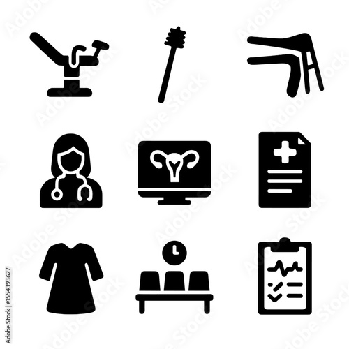 Gynecological Icons Set. Solid, filled icons set of gynecological services: pelvic exam table, Pap smear brush