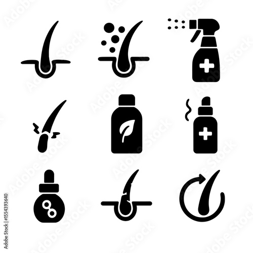 Hair Repair Icon Set. Solid, filled icons set of repair treatments for damaged hair: split end icon, keratin