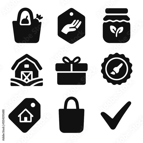 Handmade Packaging Icons. Solid, filled icons set of local and handmade packaging: farmer’s market bag,