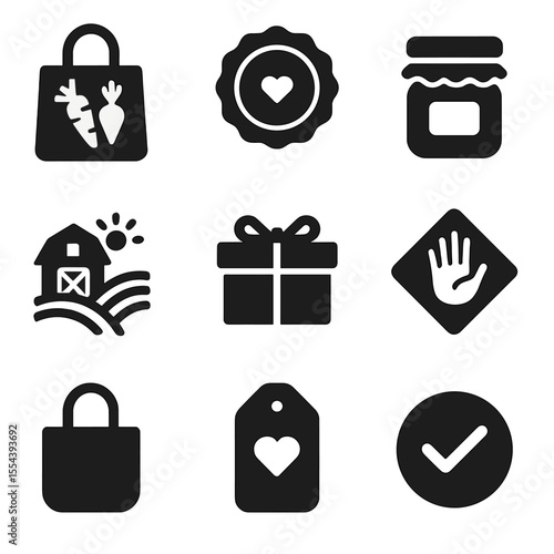 Handmade Packaging Icons. Solid, filled icons set of local and handmade packaging: farmer’s market bag,