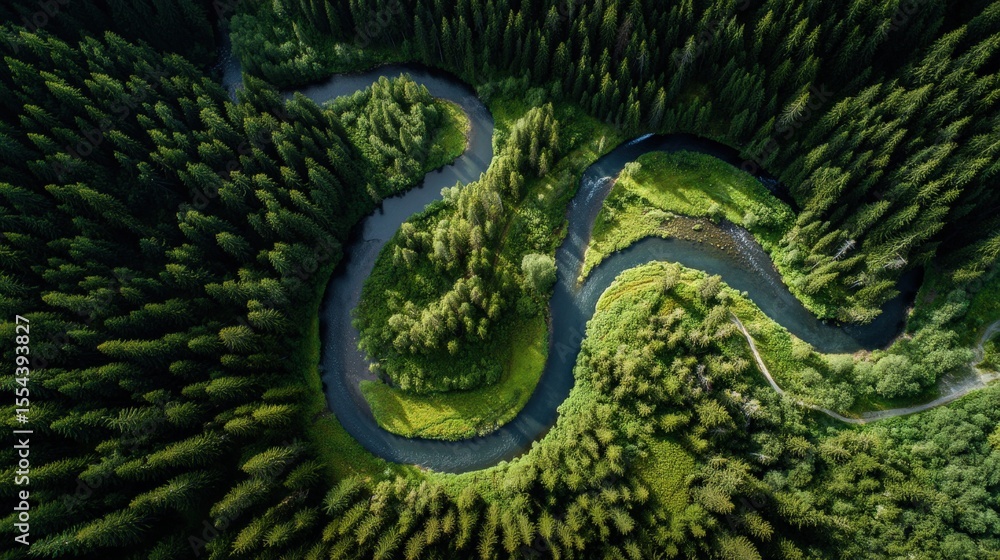 Obraz premium Aerial view of winding river through green forest, harmony with nature, space for headline