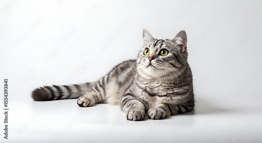 Fototapeta premium Silver Tabby Cat Lying Down on White Background