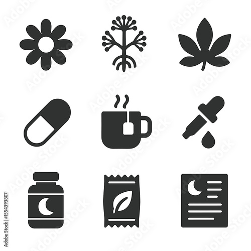 Herbal Sleep Remedies Icons. Solid, filled icons set of herbal sleep remedies: chamomile flower, valerian root