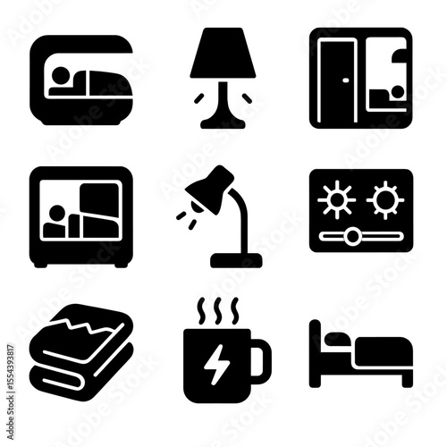 High-Tech Living Icons. Solid, filled icons set of high-tech living quarters: sleep pod, soft light, private