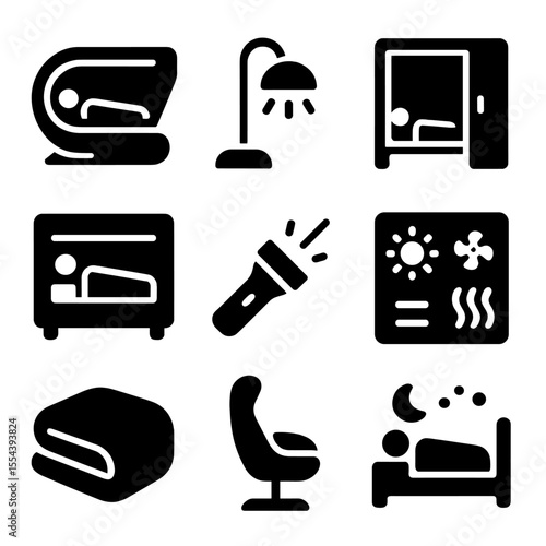 High-Tech Living Icons. Solid, filled icons set of high-tech living quarters: sleep pod, soft light, private