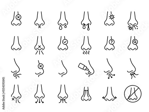 Nose icons set. Congestion, runny nose, infection, allergies, smell, breath signs, linear style, editable stroke