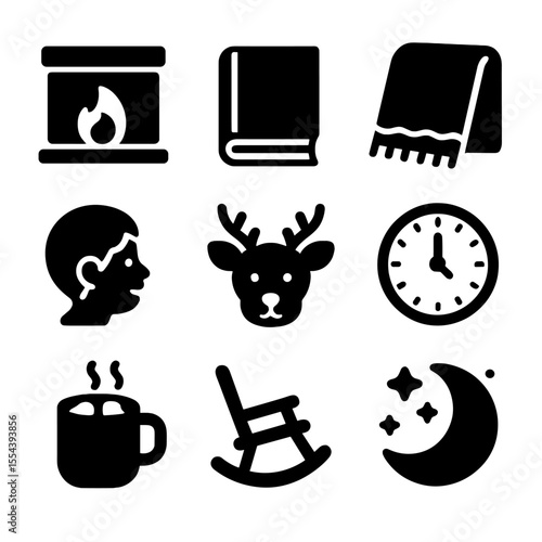 Holiday Storytime Icons. Solid, filled icons set of holiday storytelling time: fireplace, book, blanket, child