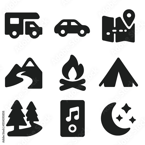 Holiday Travel Icons. Solid, filled icons set of holiday road trips and camper travel: RV icon, car icon, map
