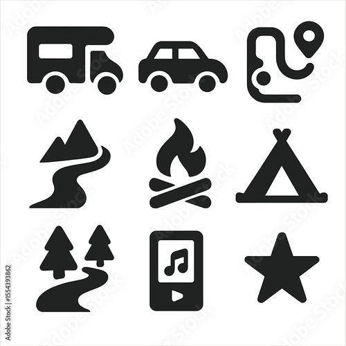 Holiday Travel Icons. Solid, filled icons set of holiday road trips and camper travel: RV icon, car icon, map