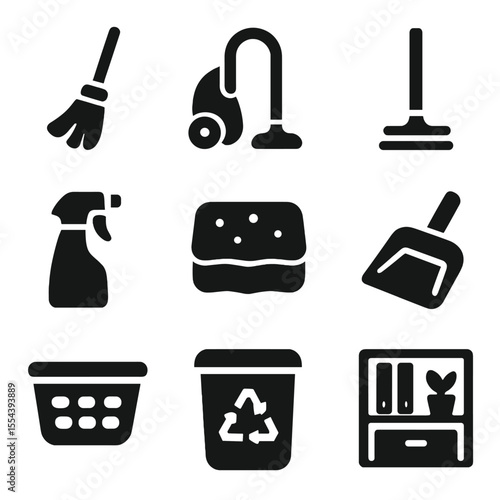 Home Cleaning Icons. Solid, filled icons set of home cleaning and organization: broom icon, vacuum cleaner,