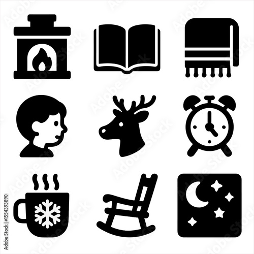 Holiday Storytime Icons. Solid, filled icons set of holiday storytelling time: fireplace, book, blanket, child