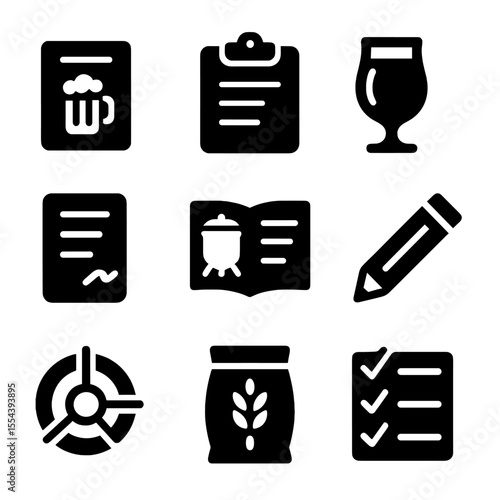 Home Brewing Icons. Solid, filled icons set of home brewing recipes and notes: recipe icon, clipboard, beer