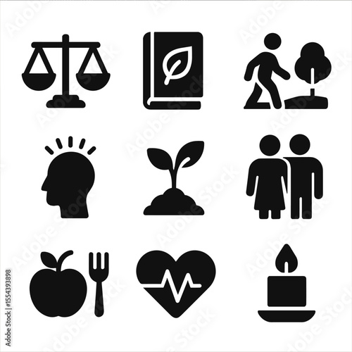 Holistic Well-Being Icons. Solid, filled icons set of holistic well-being in relationships: balanced scales,
