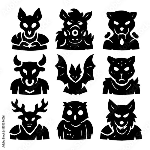 Hybrid Warrior Icons. Solid, filled icons set of cursed hybrid warriors: bone jackal, plague boar, venom