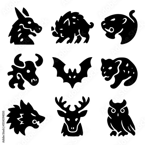 Hybrid Warrior Icons. Solid, filled icons set of cursed hybrid warriors: bone jackal, plague boar, venom