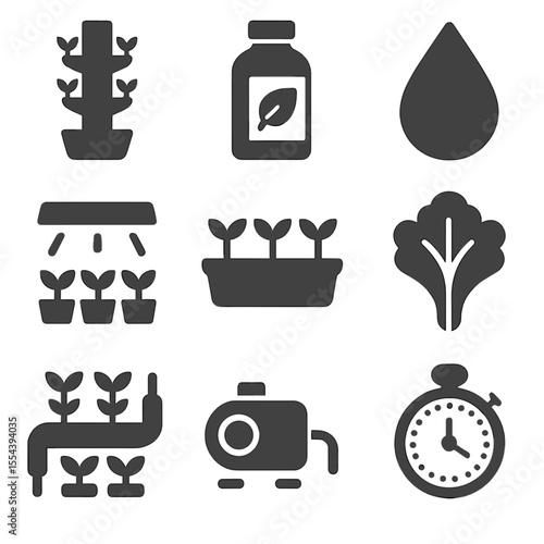 Hydroponic System Icons. Solid, filled icons set of hydroponic vertical systems: hydroponic tower, nutrient