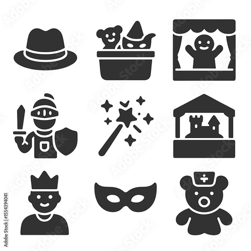 Imaginative Play Icons. Solid, filled icons set of imaginative play: pretend hat, dress-up bin, puppet show,