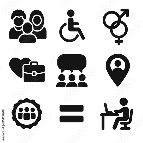 Inclusive Business Icons. Solid, filled icons set of inclusive business models: diversity icon, wheelchair