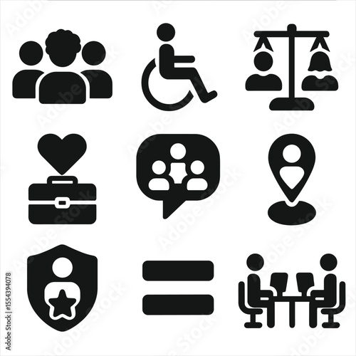 Inclusive Business Icons. Solid, filled icons set of inclusive business models: diversity icon, wheelchair