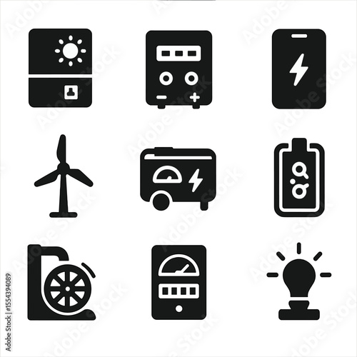 Independent Energy Icons. Solid, filled icons set of independent energy sources: solar inverter, charge