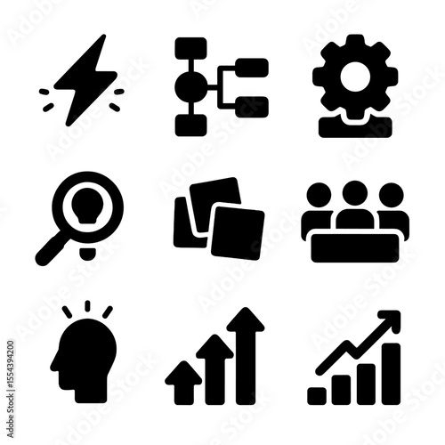 Innovation Process Icons. Solid, filled icons set of innovation process: spark icon, mind map, prototype gear,